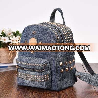 2016 fashion ladies girls jean denim canvas studded backpack bags